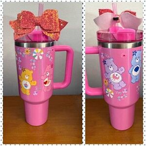 Pink Care Bears Stanley-Starbucks Tumbler with Straw and Bow Topper